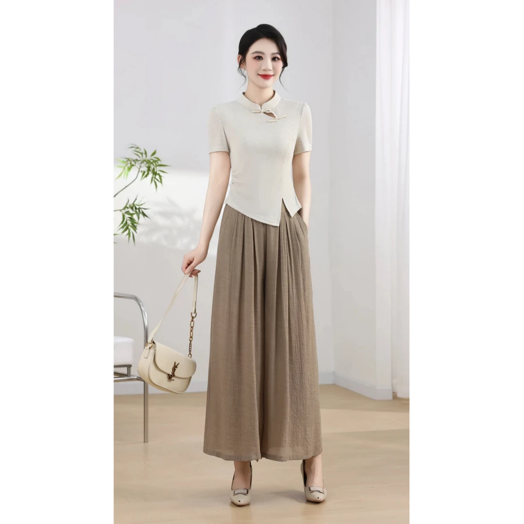 JIRUIMAN/吉瑞曼夏季新中式立领盘扣短袖T恤阔腿裤两件套TK619