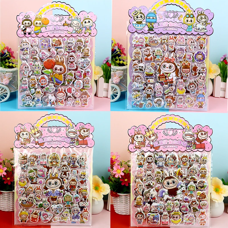 跨境新款儿童卡通贴纸双层立体LABUBU泡泡贴拉布布3D烫金卡通贴纸