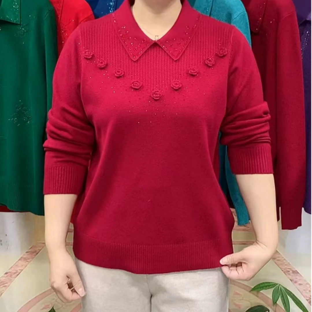 中老年新款翻领妈妈针织衫妈妈装洋气百搭