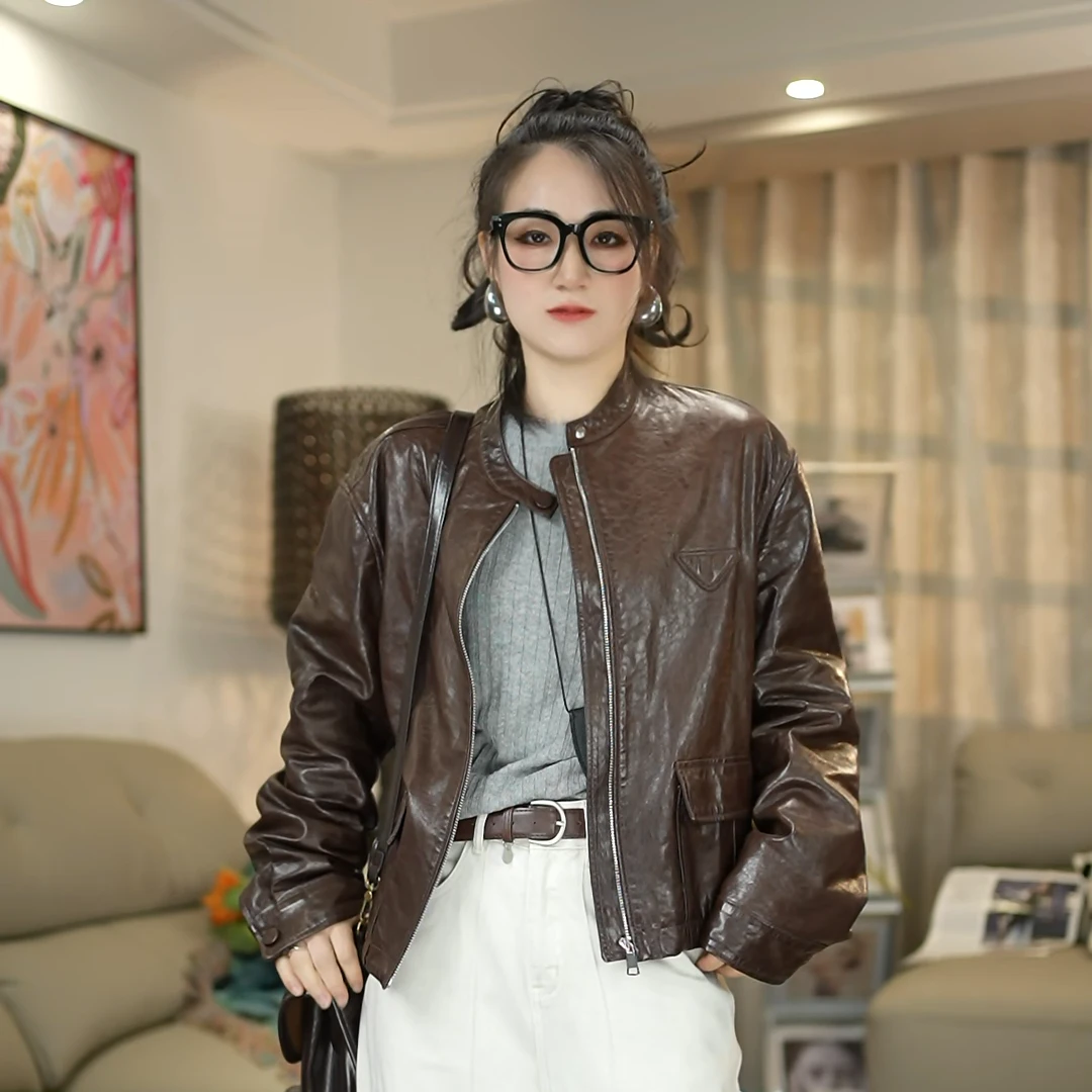 2025秋季新款[半城烟雨]网红拉链油蜡绵羊皮真皮外套女款9952短款