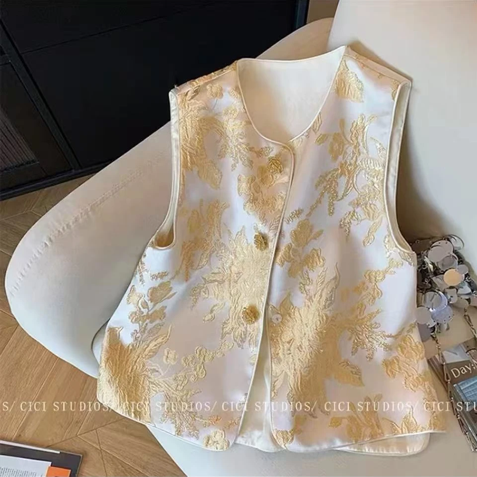 2025春季新款新中式烫金提花无袖马甲气质叠穿马甲