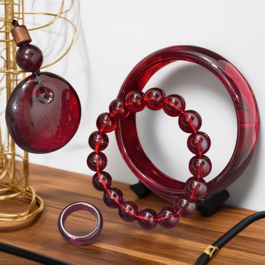 藏红烟丝血P全玉化套装（手镯手链吊坠戒指）G01-13