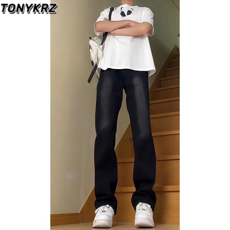 TONYKRZ黑灰色弯刀牛仔裤男美式复古高街渐变直筒微喇长裤子潮男