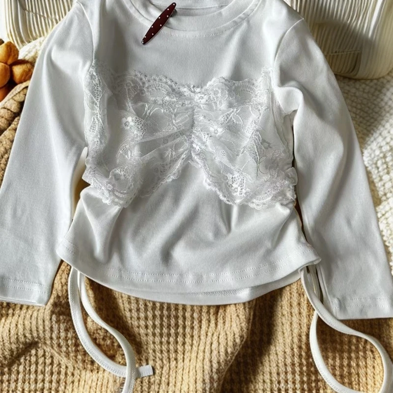 Q-245  白色蕾丝抽绳辣妹T