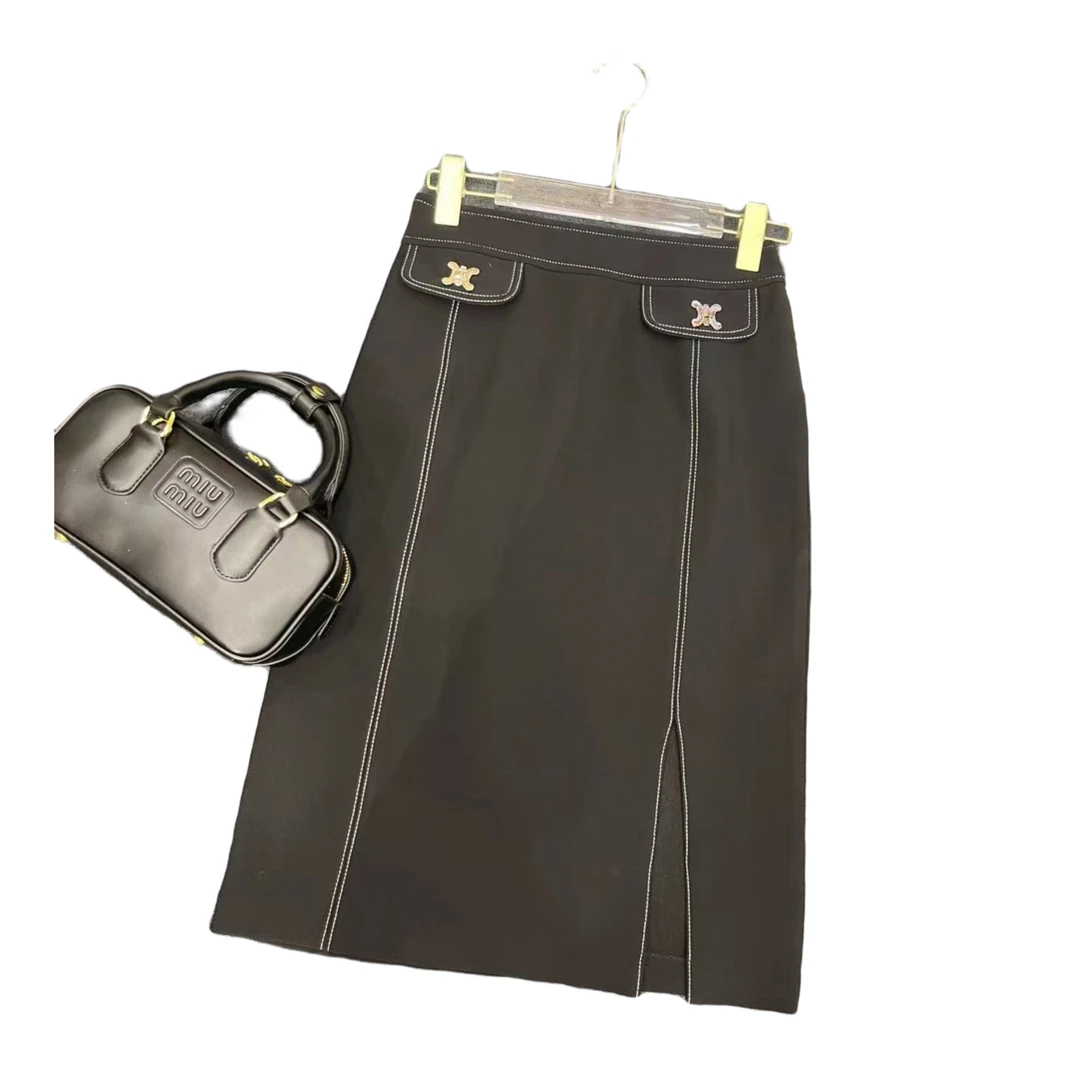 高定时尚气质百搭轻奢简约撞色线秋冬潮流开叉女士显瘦半身裙ML90