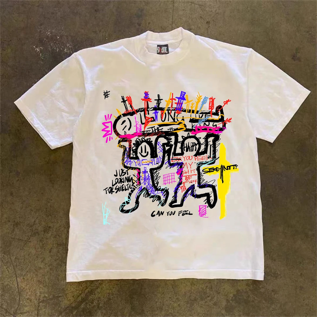 230克美式复古潮牌抽象卡通印花短袖t恤男宽松情侣休闲纯棉圆领衫