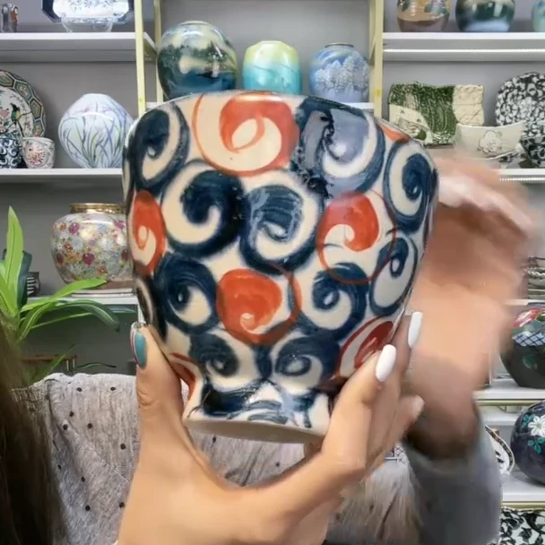 【单支】日本进口宗山家手绘高脚碗12cm-赤绘旋涡