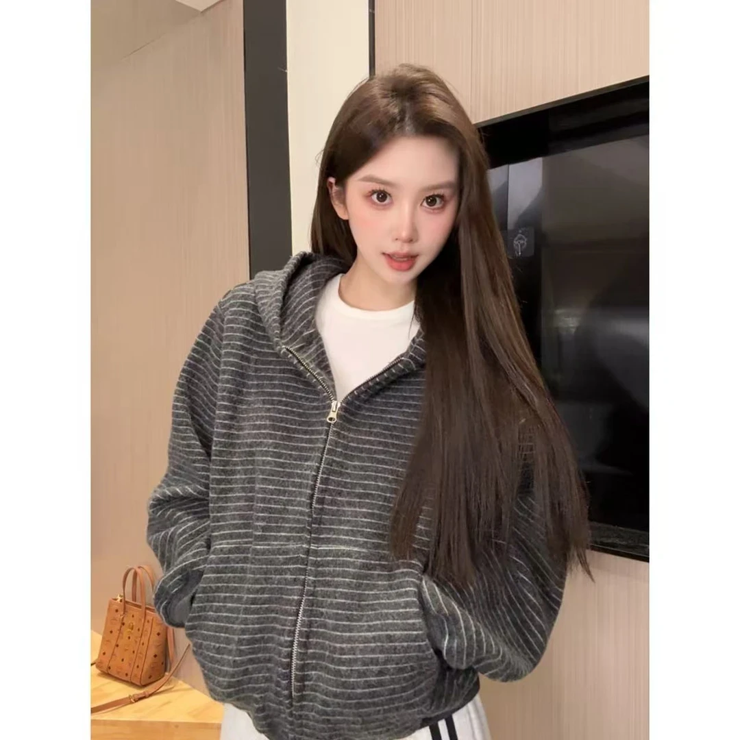 2025早秋条纹连帽拉链外套女小众慵懒风设计感休闲宽松开衫卫衣