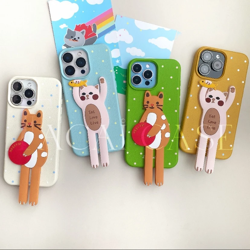 可爱波点抱气球猫咪支架适用iPhone16promax手机壳15promax新款13