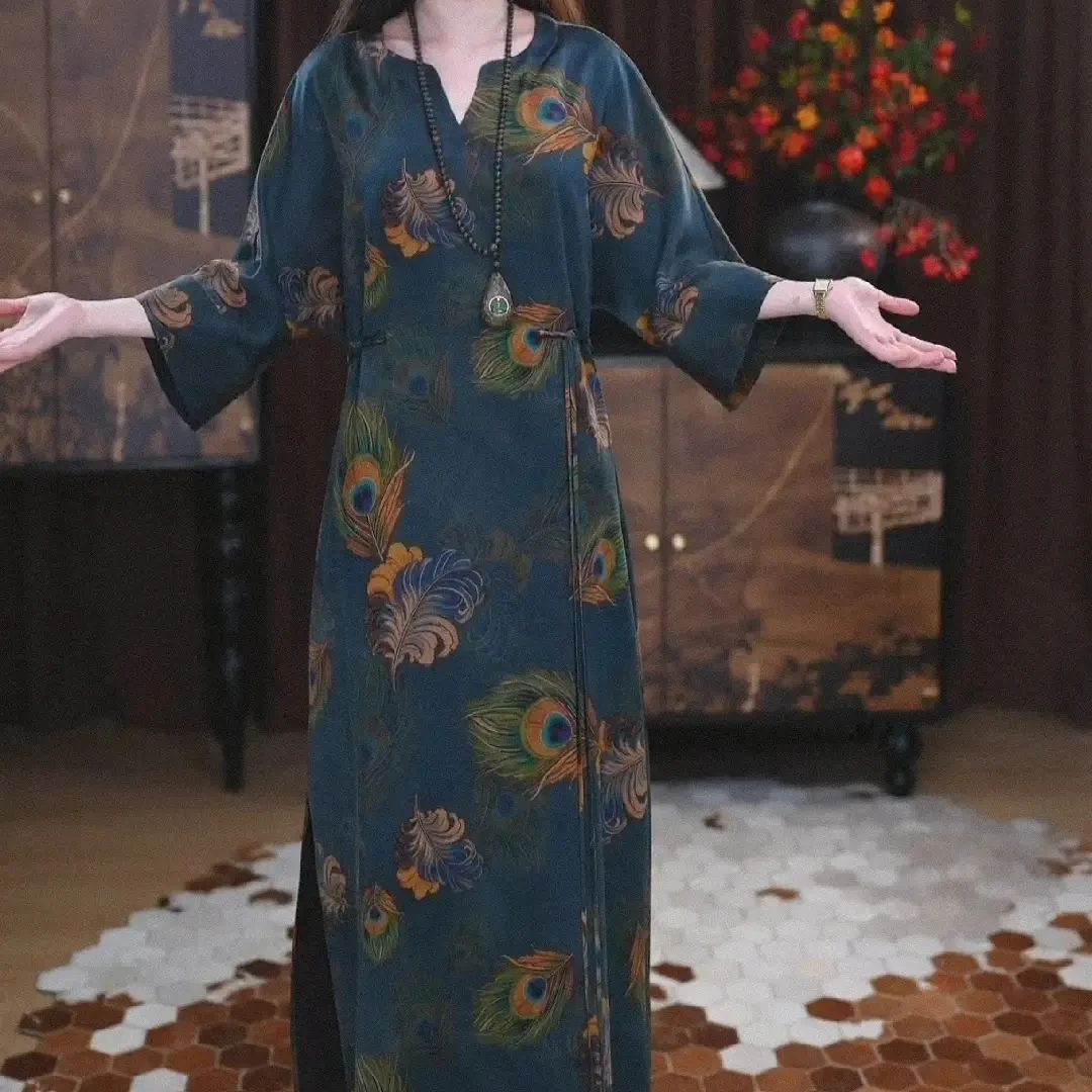 【舒月】香云纱新中式长款重磅时尚春夏提花遮肉印花复古长裙连衣裙