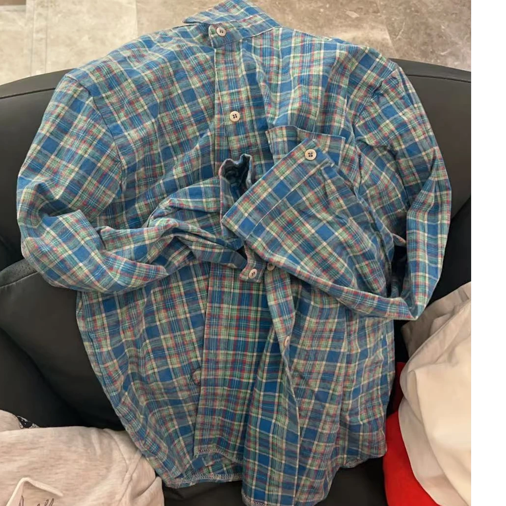 【NO退NO换】韩国东大门2025春款蓝绿格子衬衣