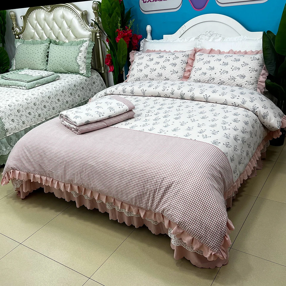 【床盖被套夏凉被四件套】四季韩版荷叶边四件套床盖三件套双层纱