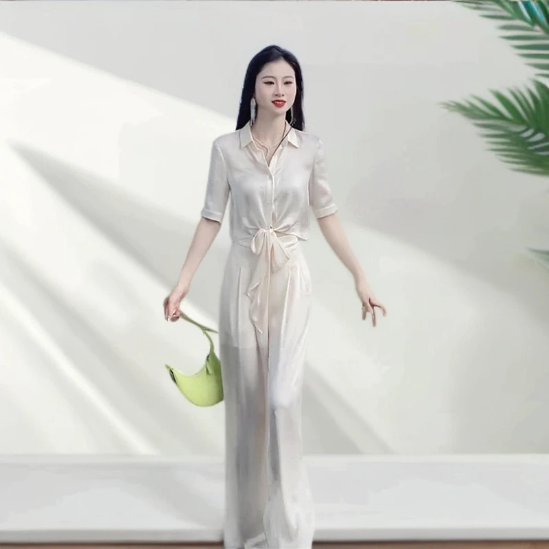 2025夏季新款气质时尚套装女洋气绑带设计感衬衫高腰阔腿裤两件套