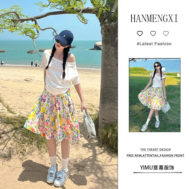 2025新款韩系夏季一整套装女时尚斜肩上衣碎花度假风半身裙两件套