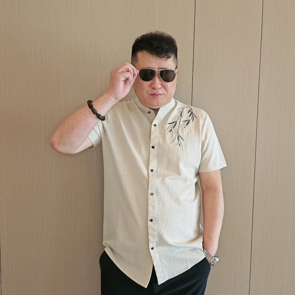 男士大码夏季时尚中式潮流百搭立领复古中国风休闲衬衣薄款胖子DP