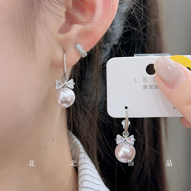 铜合金仿珍珠耳饰 2025款蝴蝶结纯银耳钩韩国简约气质耳饰品耳坠