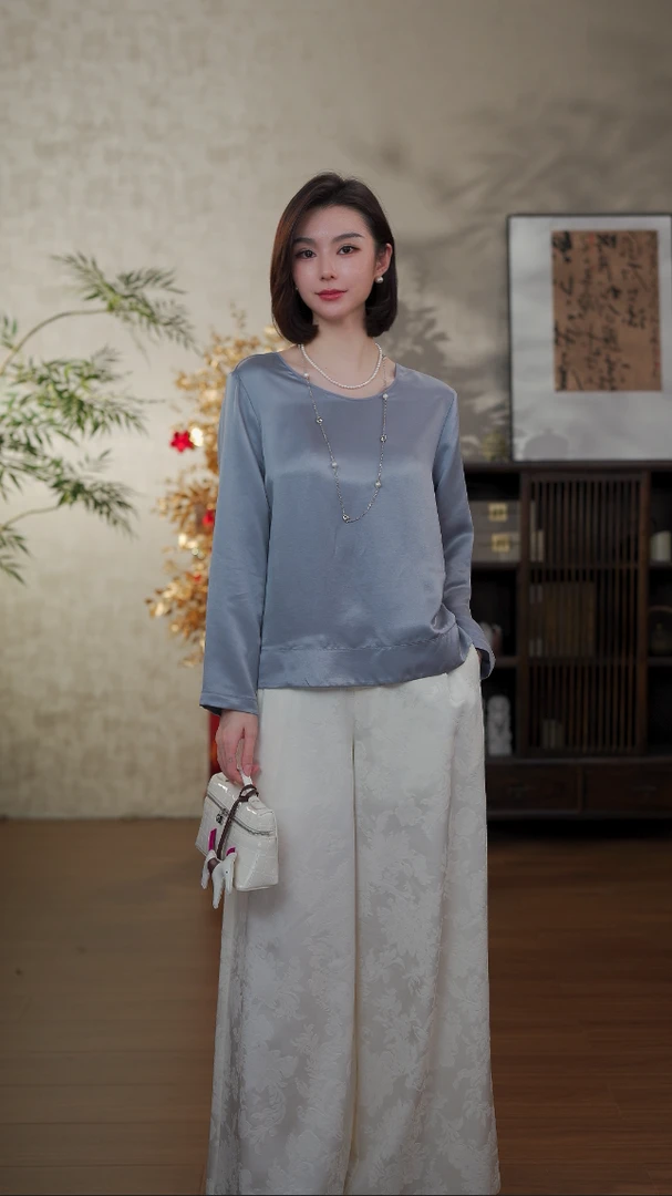 GONG QUE【深海】新中式早春款圆领显瘦长袖上衣 242609