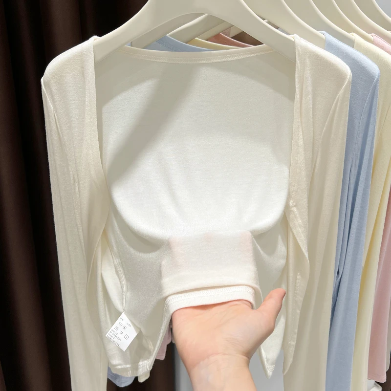 白色正肩薄款微弹短款长袖外套女2025夏季配吊带裙外搭皮肤衣开衫