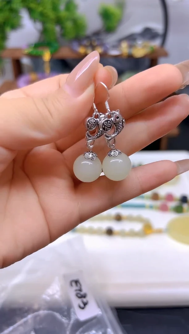 和田玉（白玉）银S925镶嵌耳饰E783