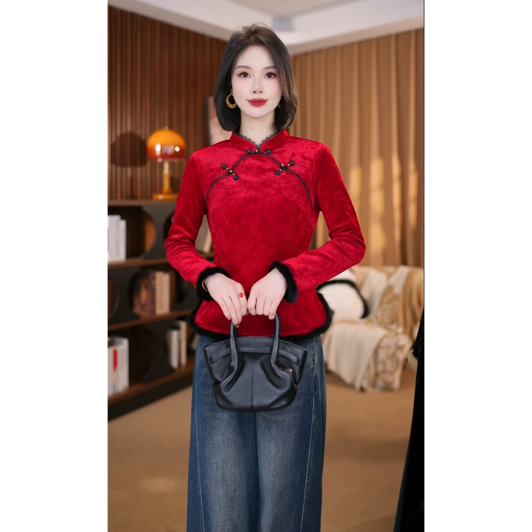 【欢喜】新中式国风冬季新款2025保暖加绒气质百搭打底衫上衣G9511