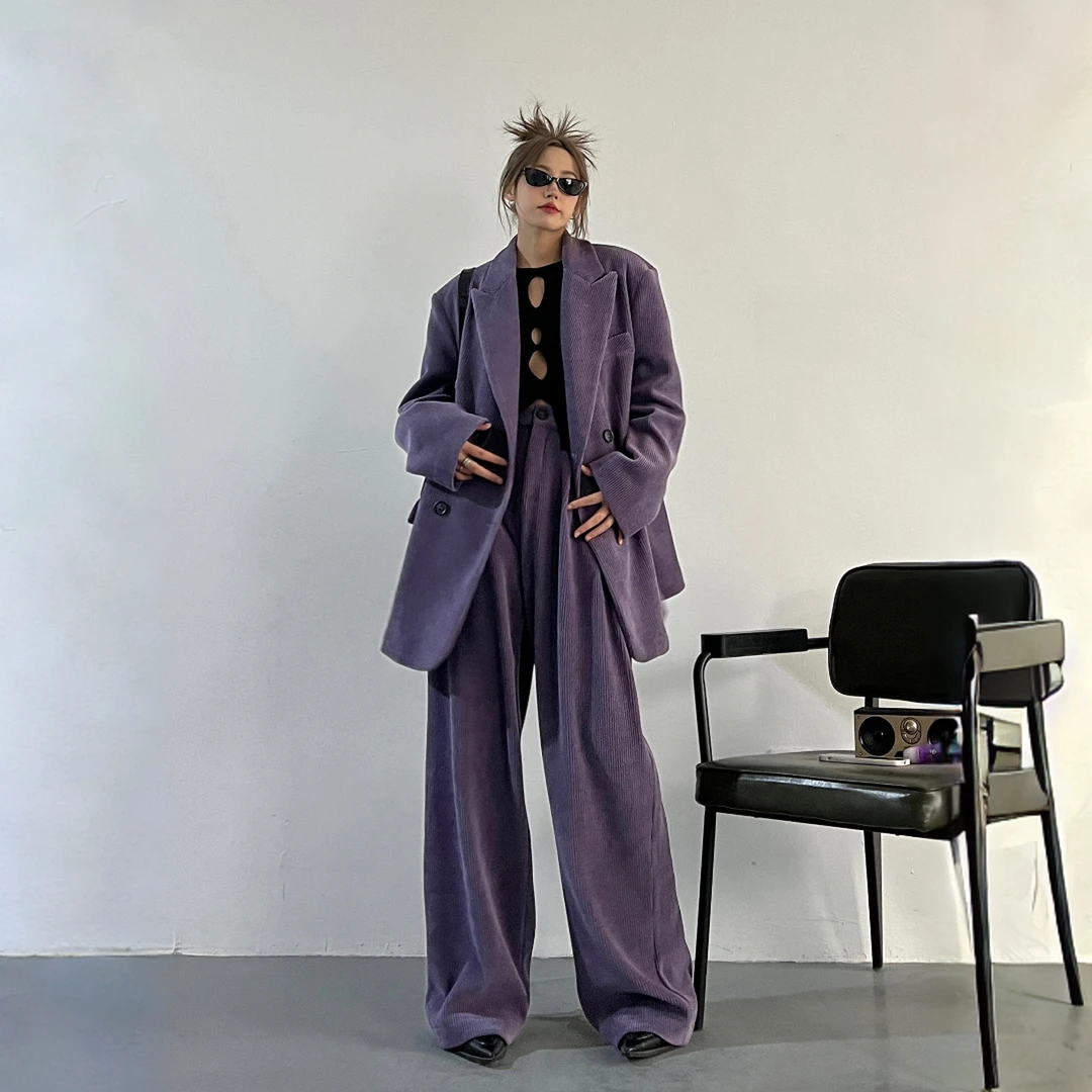 2025秋冬新款高级感洋气复古紫色灯芯绒休闲西装外套阔腿裤套装女