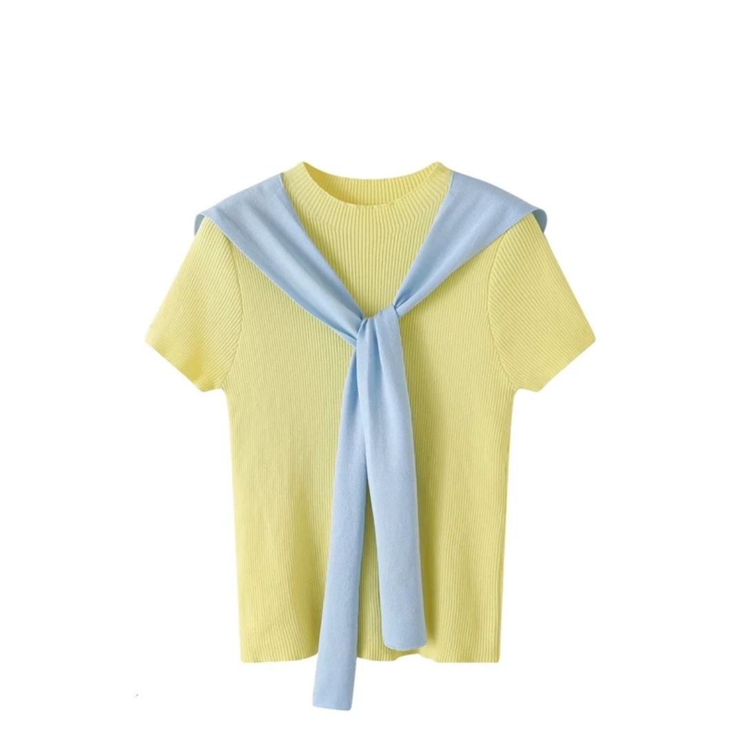 《猪猪出品》黄色蓝围巾短款少女风短袖上衣洋气嘻哈风516
