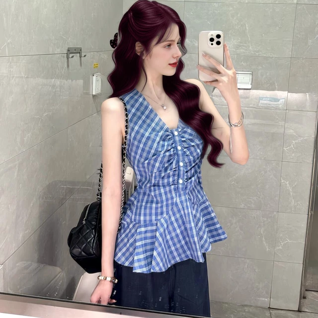 WESTAYONE蓝色格子V领吊带背心女夏季挂脖设计感牛仔阔腿裤两件套
