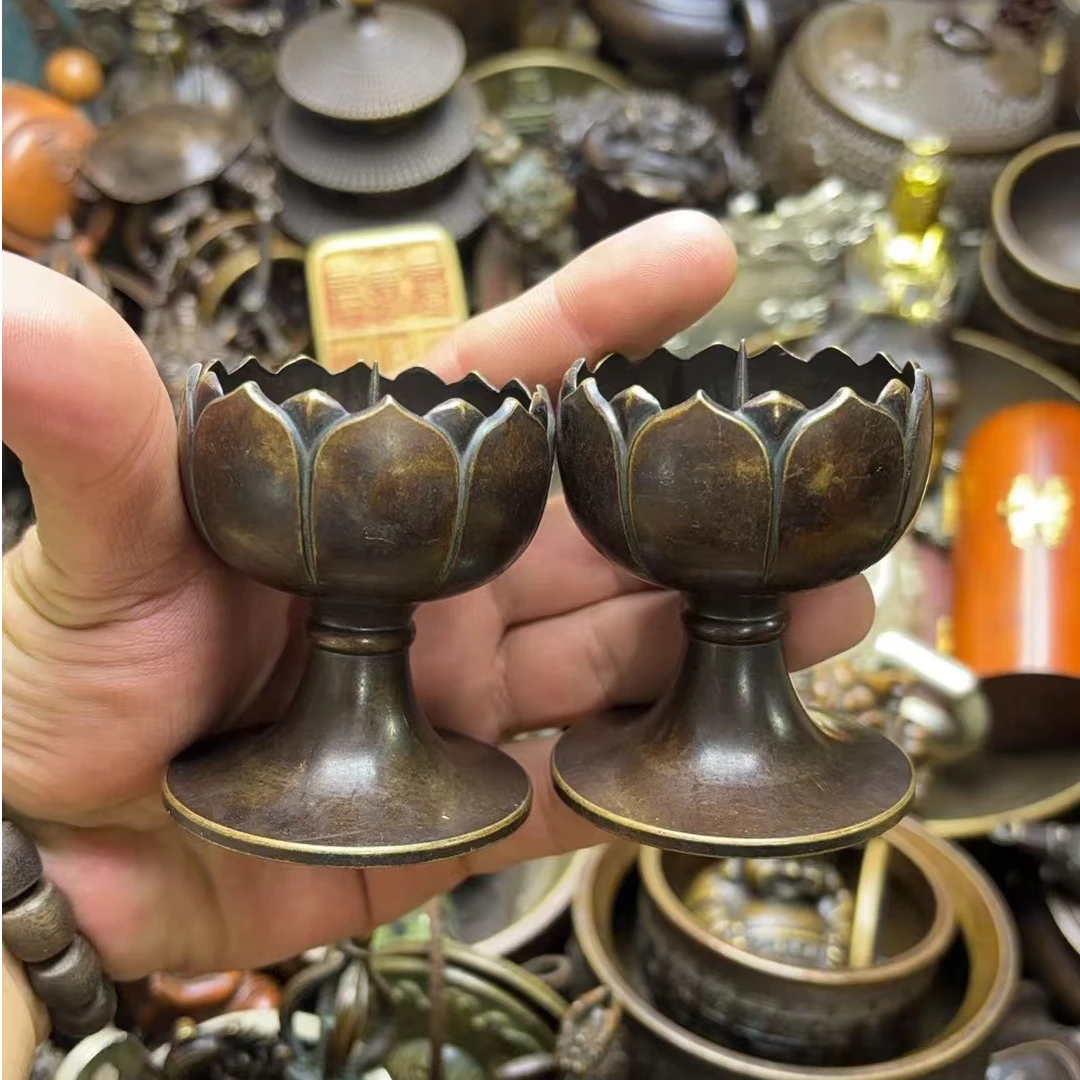 纯铜复古莲华烛台一对吉祥如意摆件