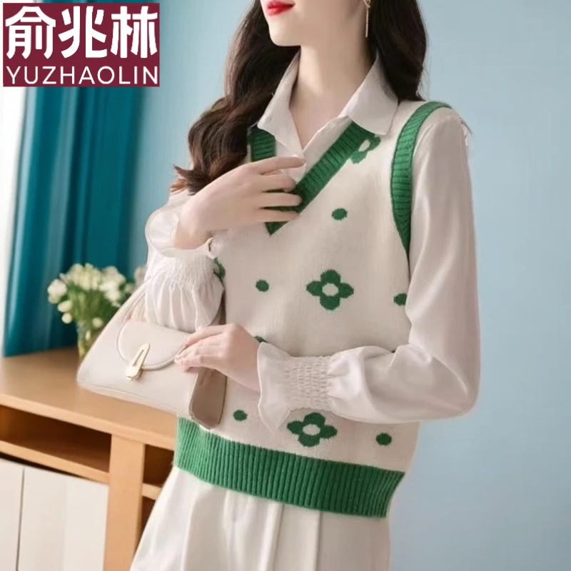 羊毛衫春装新款V领花朵小个子针织马甲女内搭洋气背心坎肩
