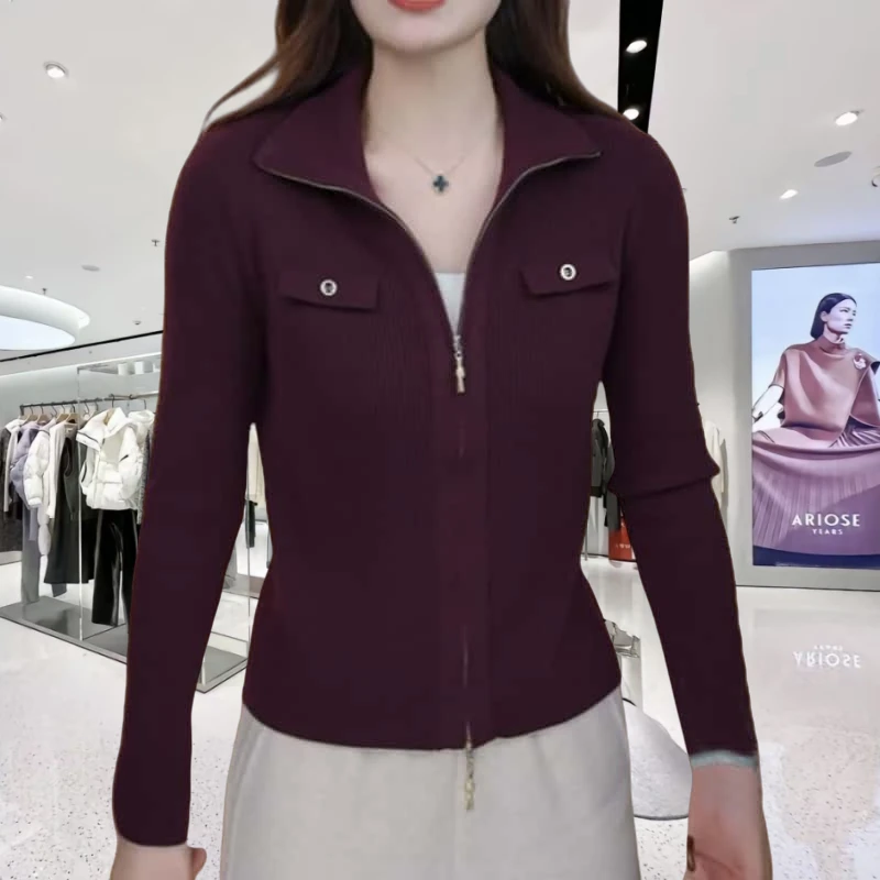 春季气质长袖针织开衫女2025新款时尚拉链休闲百搭大码上衣女