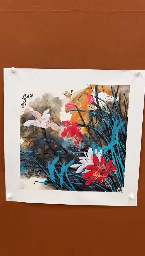 国画李文峰四尺斗方亮彩花鸟