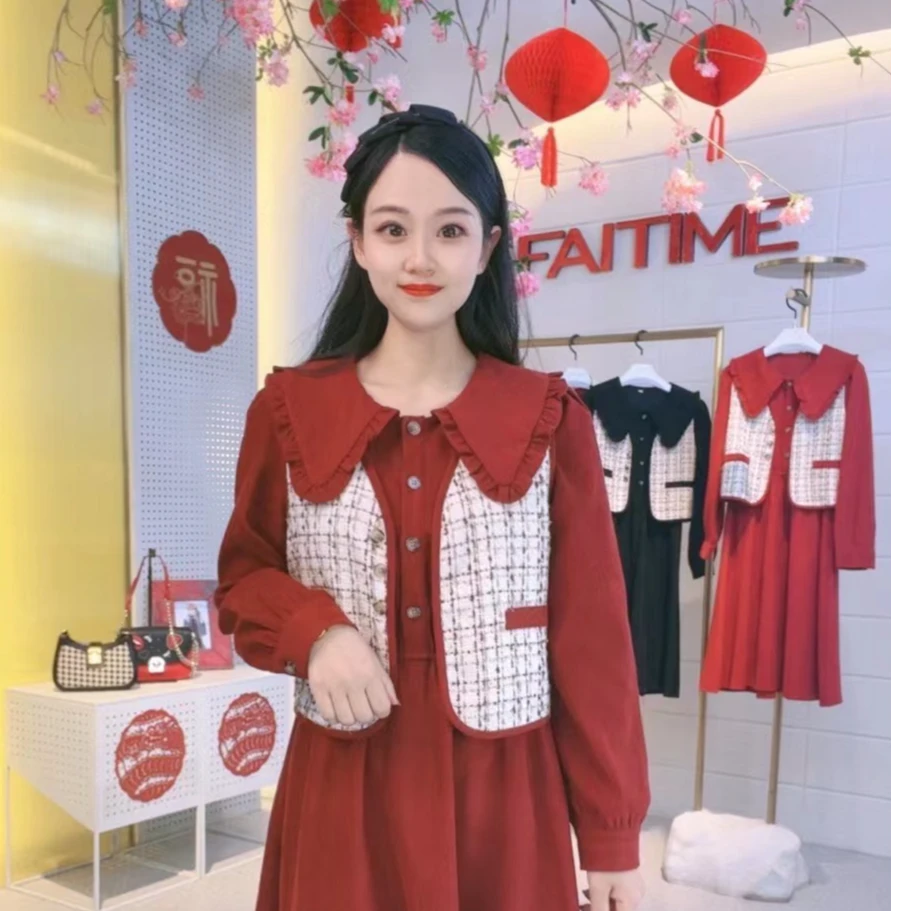 【甜美减龄】秋季时尚娃娃领气质小香风复古马甲收腰显瘦连衣裙