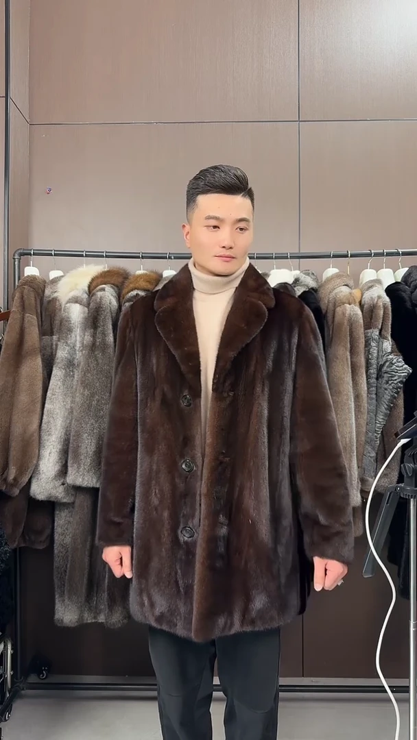 进口马哈根尼本色母貂中长款皮草外套