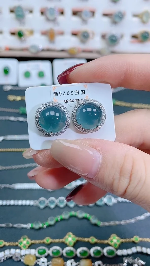 银S925镶嵌翡翠耳饰天然翡翠