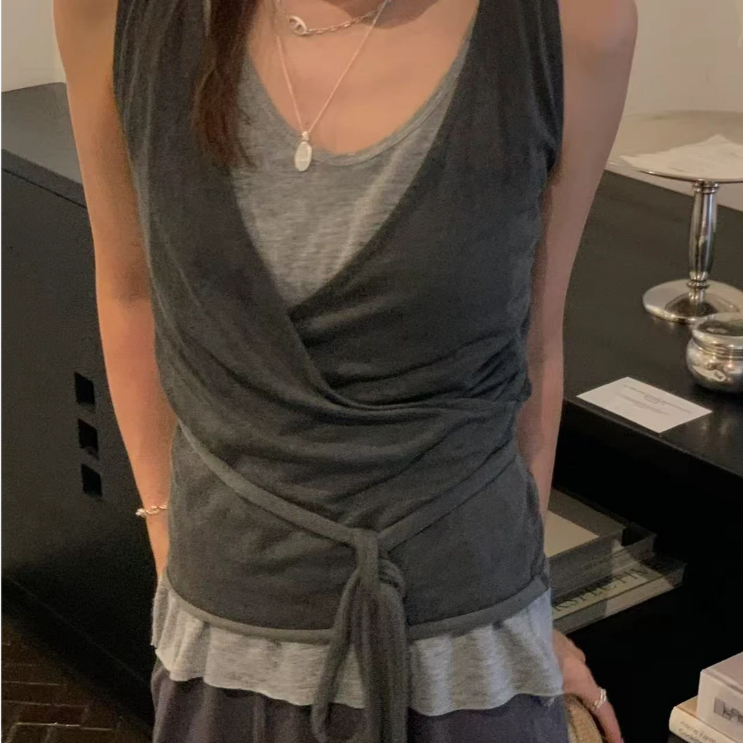 【NO退NO换】韩国丨时尚休闲无袖V领侧绑带上衣