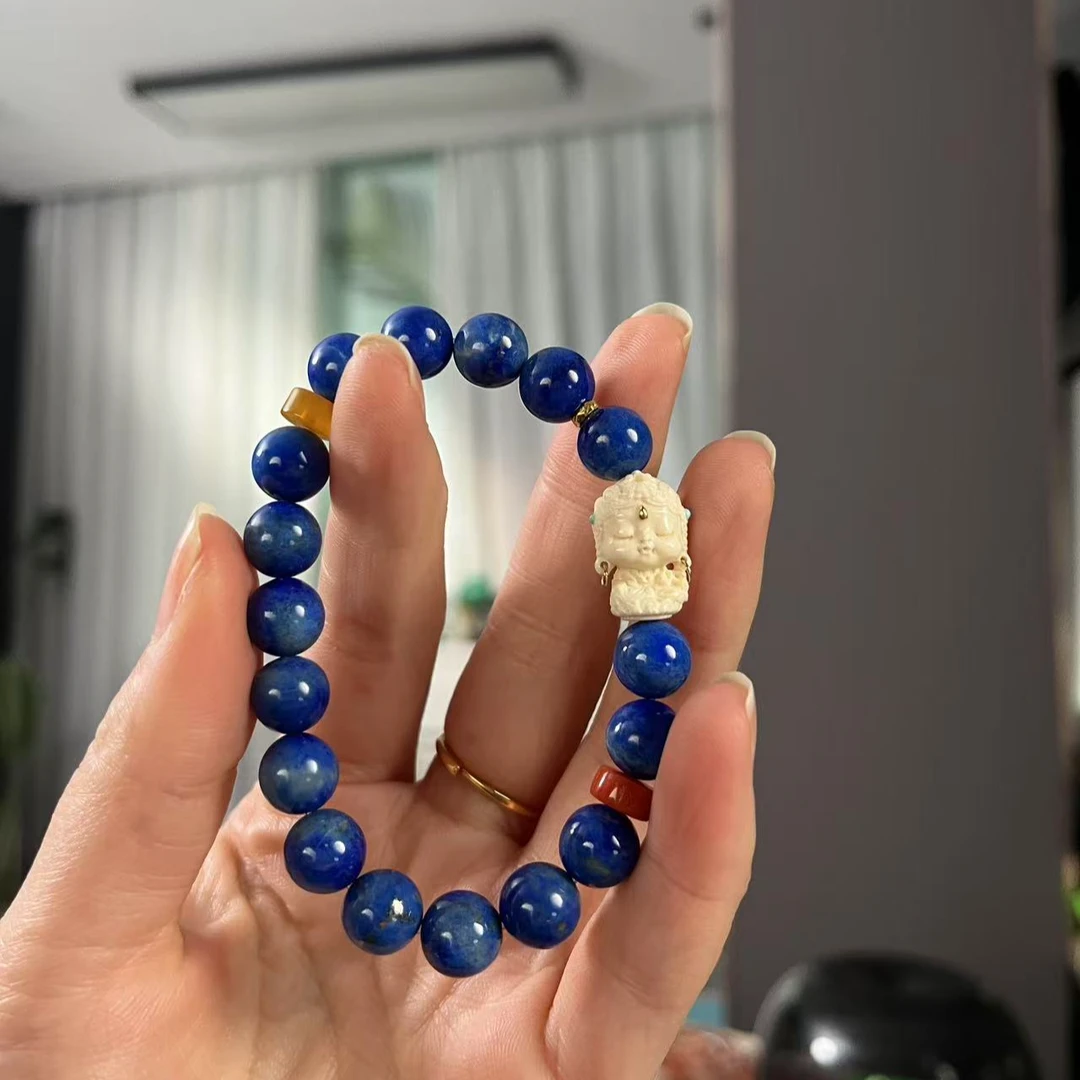 天然青金石单圈手串—18k金镶嵌多样性发其一10mm【JJ086】