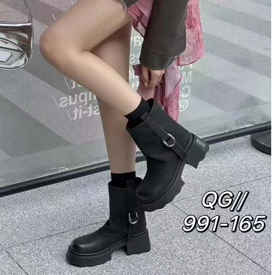 秋冬新款韩版通勤瘦瘦简约粗跟裸靴短靴991-165(薄绒)