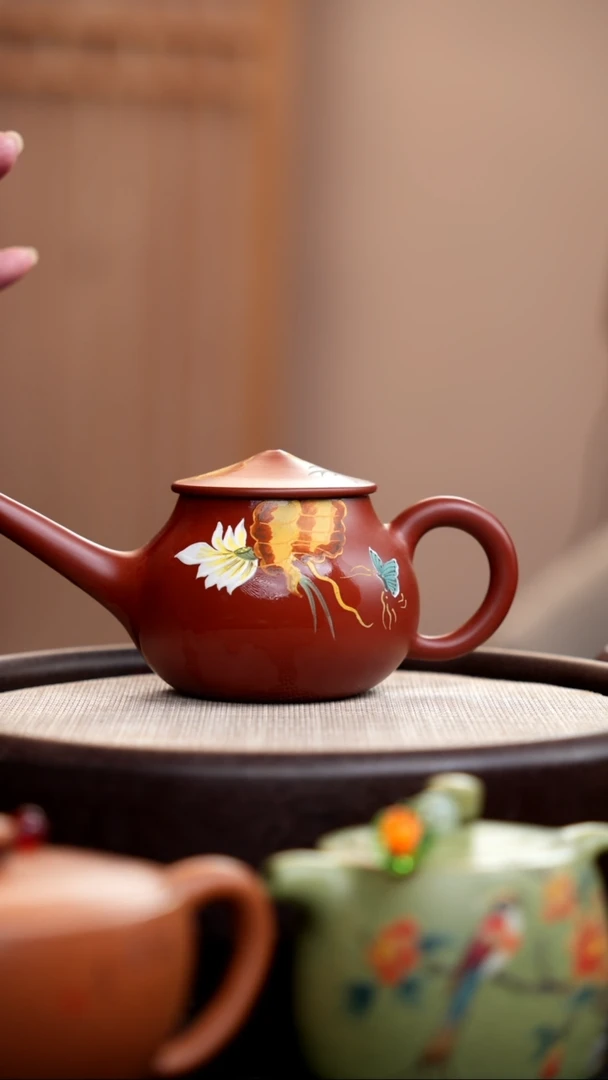 【闪购商品】紫砂茶壶朱泥渔翁壶泥绘蝴蝶
