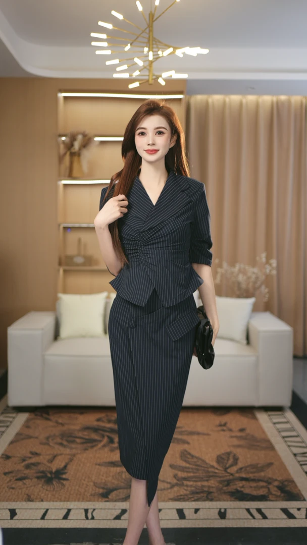 罗曼定制 高定原创深蓝条纹时尚通勤收腰上衣+半身裙套装两件套