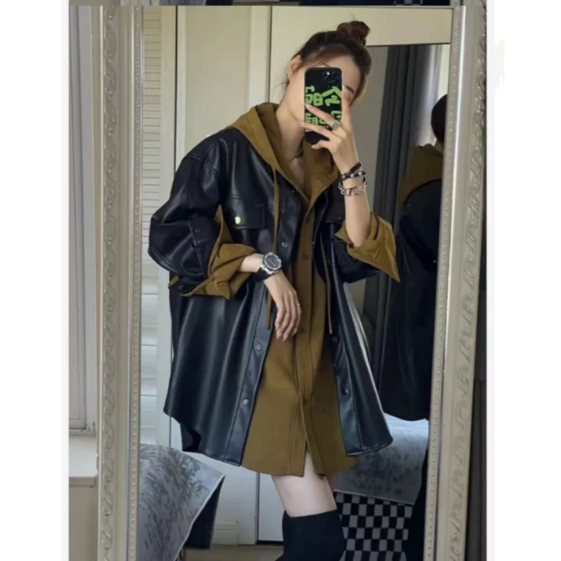 新款橄榄绿连帽衬衫+炫酷黑pu皮衣外套女慵懒风叠穿两件套春秋装