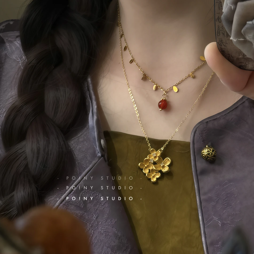 铜合金项链 新中式金色花朵项链女轻奢小众锁骨链颈链毛衣链配饰