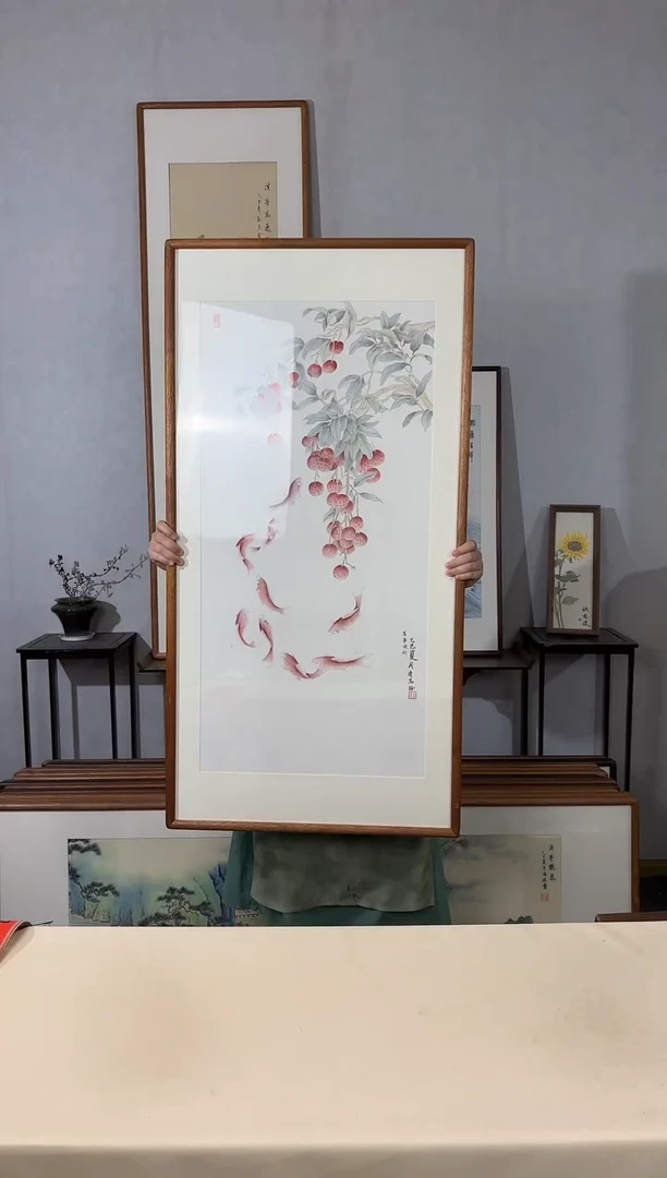 国画手绘*万事顺利（九鱼图）*62*122cm带框发货