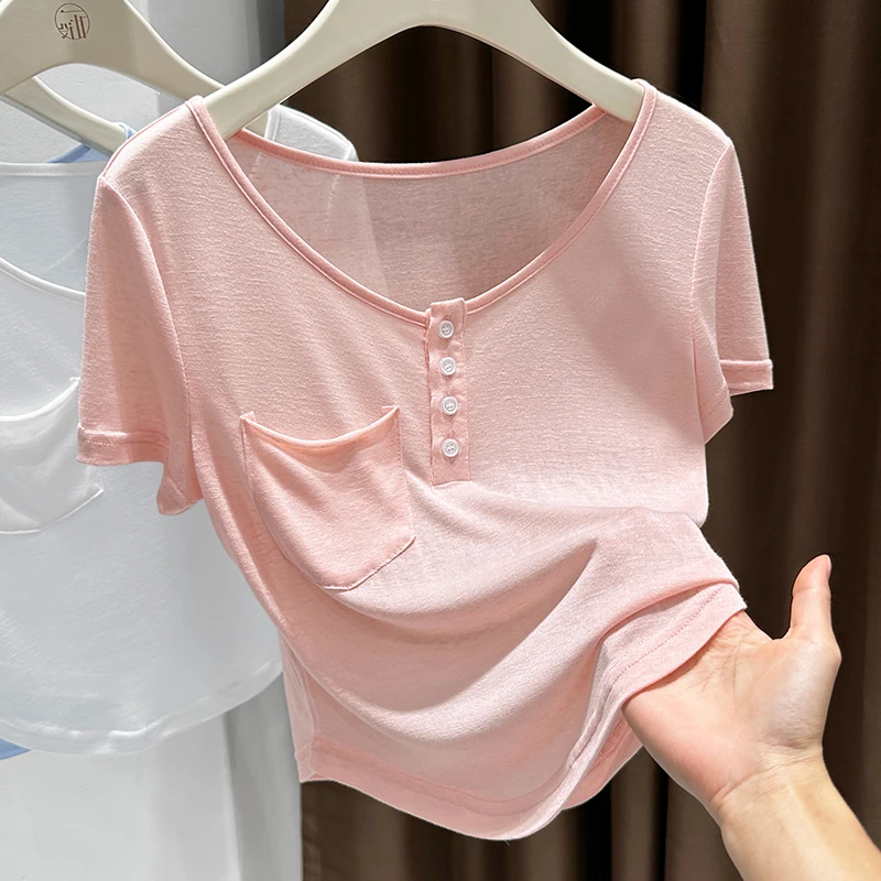 纯色短袖纽扣圆领设计感小众高端薄透款上衣女2025夏季新款短T恤
