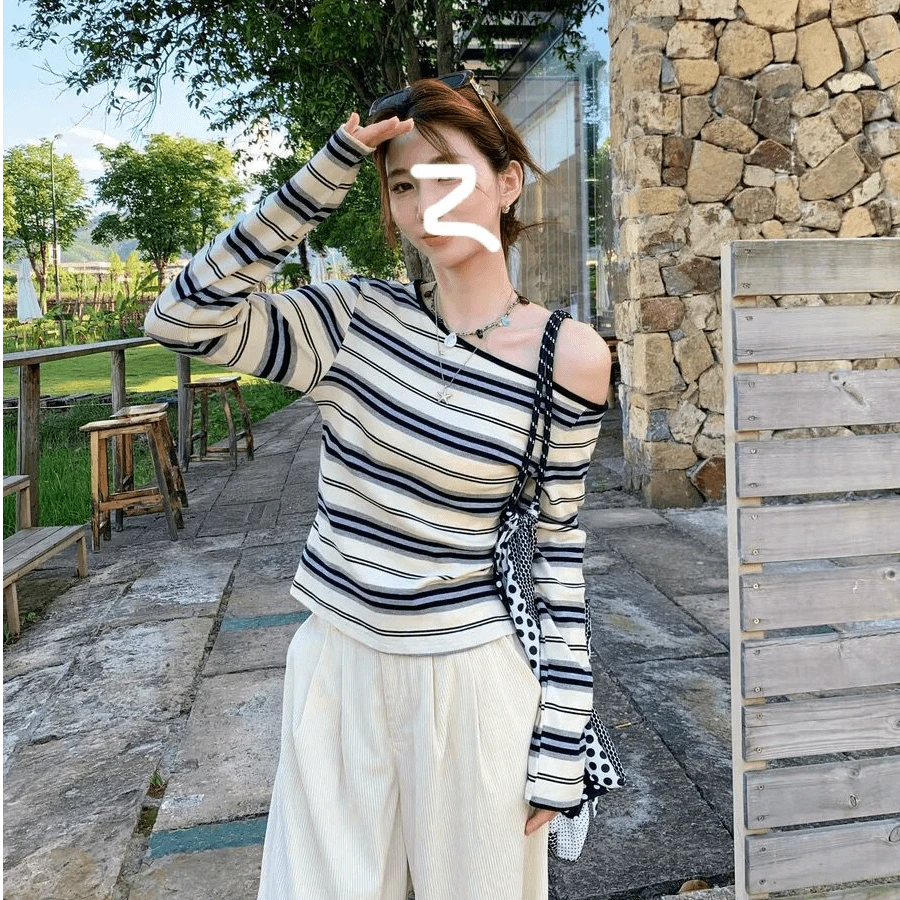 早秋新款斜肩露肩条纹长袖t恤女内搭打底衫甜美修身显瘦时尚上衣
