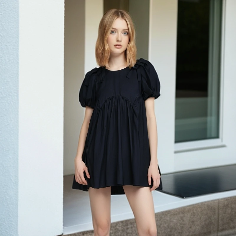 泡泡袖文艺复古一字领斜肩中裙韩版短裙连衣裙小黑裙纯色夏季