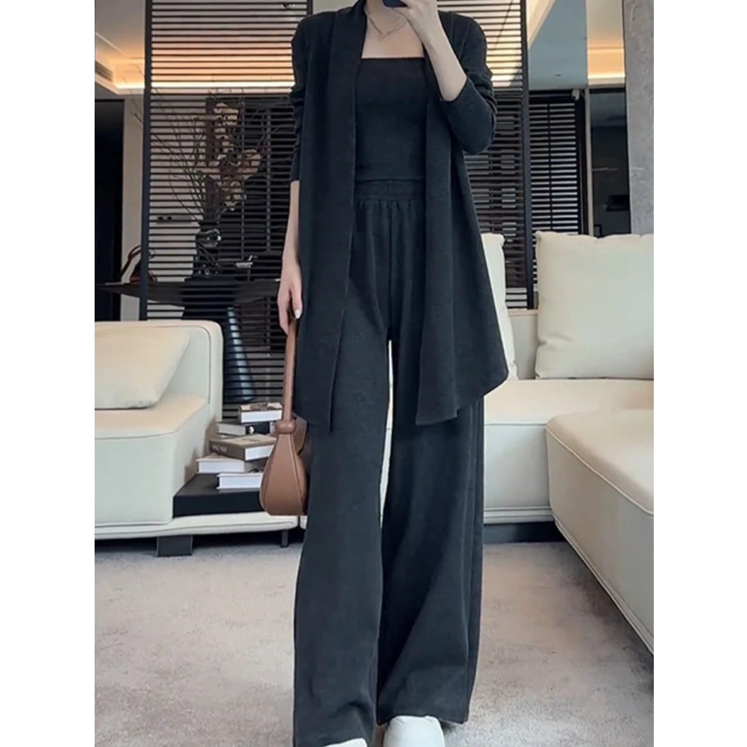 【长款三件套】春秋减龄开衫抹胸阔腿裤三件套慵懒休闲糯米套装