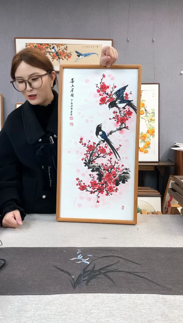 【闪购商品】国画贺照亭-纯手绘带框作品-35*68-梅花