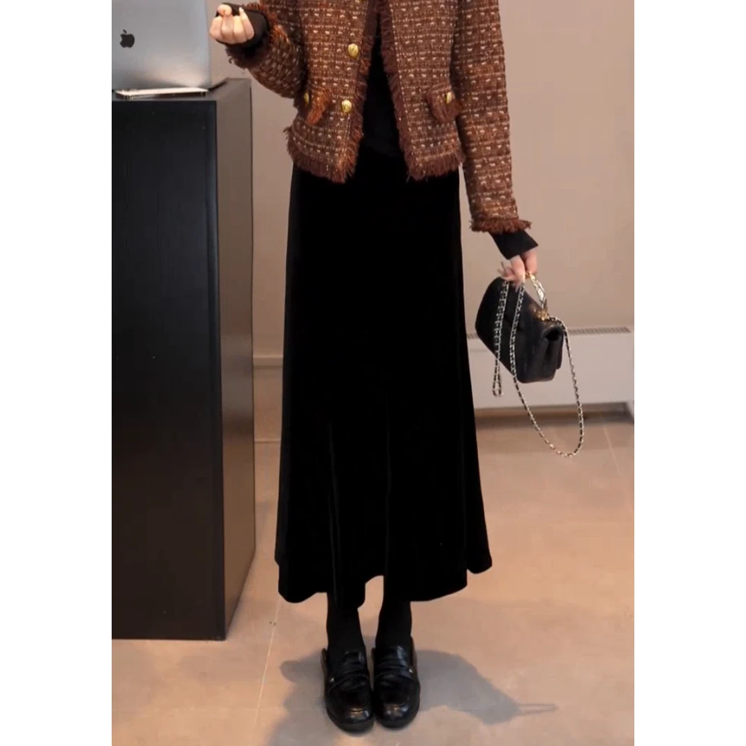 YUANLIANSU/圆脸酥【 霜染翠微】高级级高腰金丝绒鱼尾半身裙女秋季