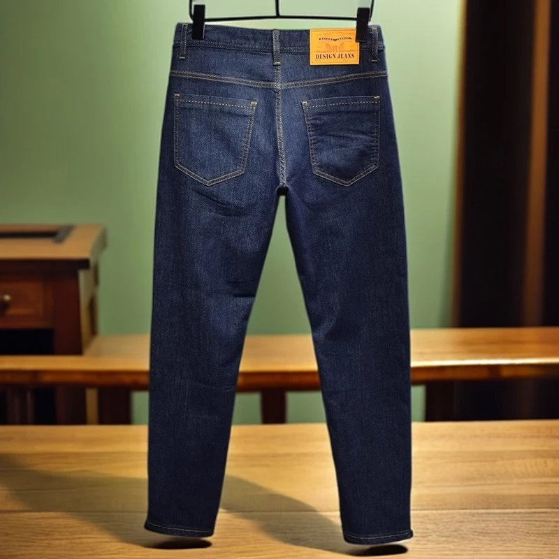 维斯克纳时尚男士新款原色九分牛仔裤夏季休闲弹力修身长裤深蓝色