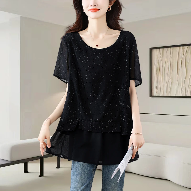 黑色短袖雪纺衫女士夏季2025新款洋气减龄宽松百搭显瘦假两件上衣